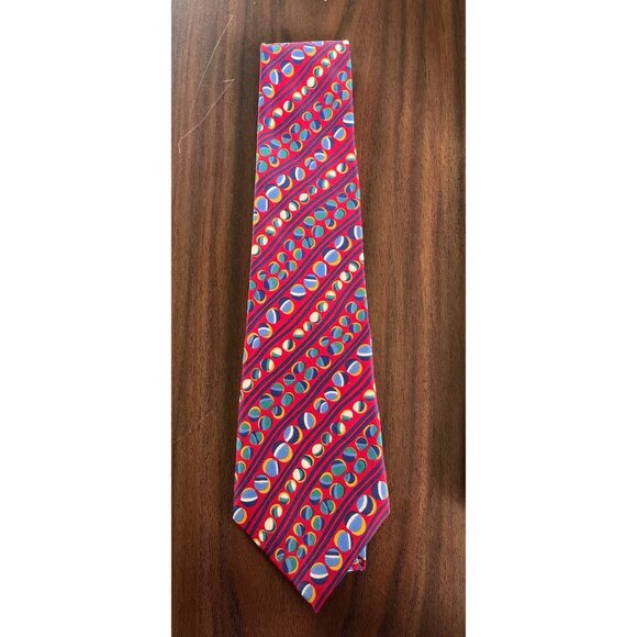Vintage VivAce Tie Abstract Geometric Red Blue Yellow All Silk Circles and Strip - Picture 1 of 6